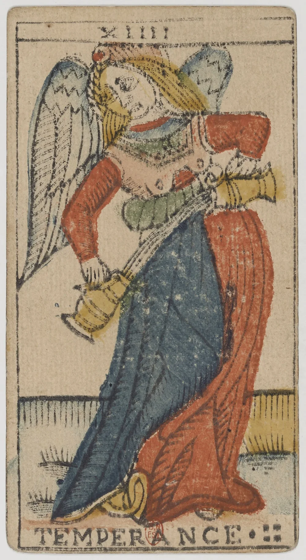 A Temperança, arcano XIV do Tarot de Marselha de Jean Dodal: um anjo passa água de uma taça para a outra